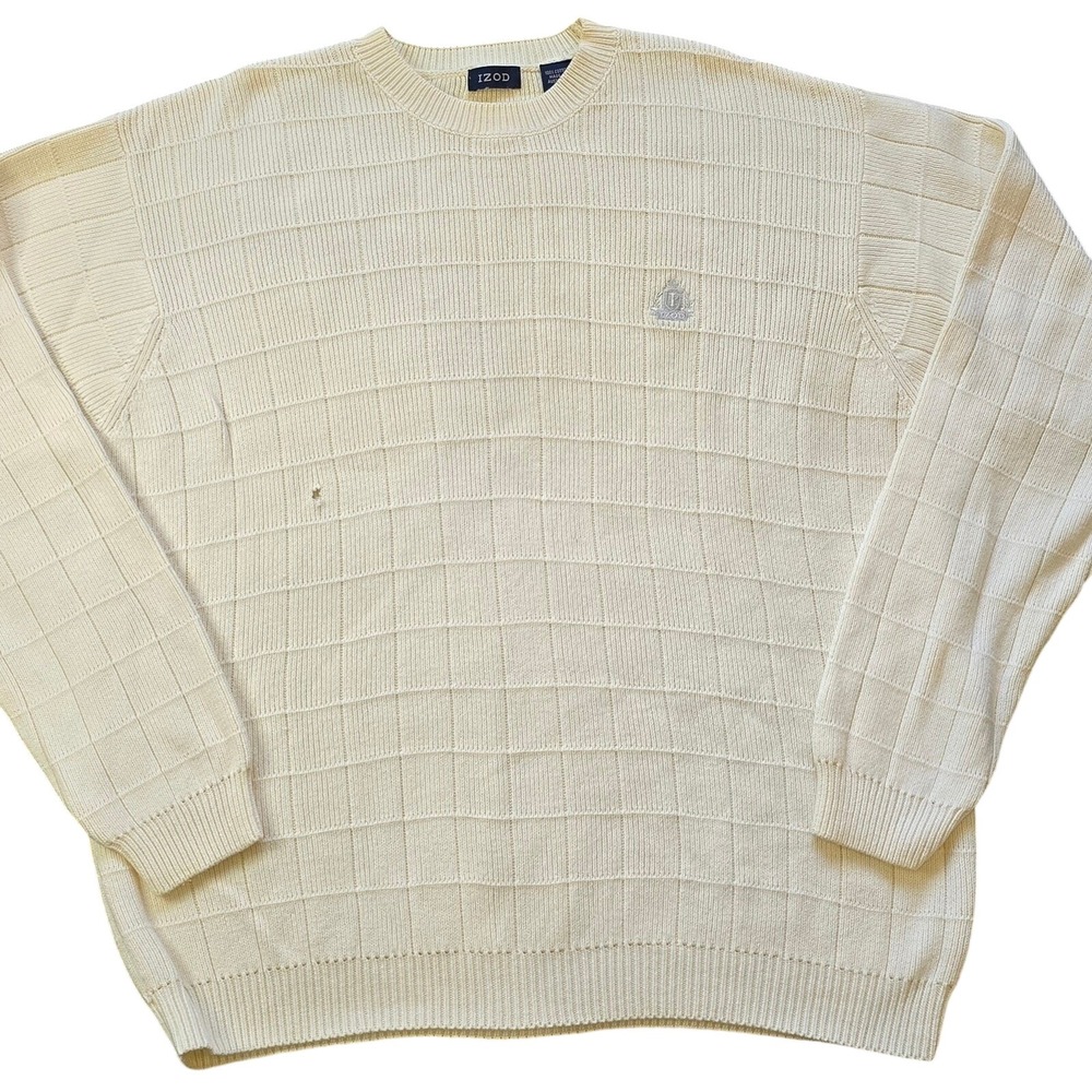 IZOD Mens Size L Cream Sweater 100% Cotton Vintage FLAW